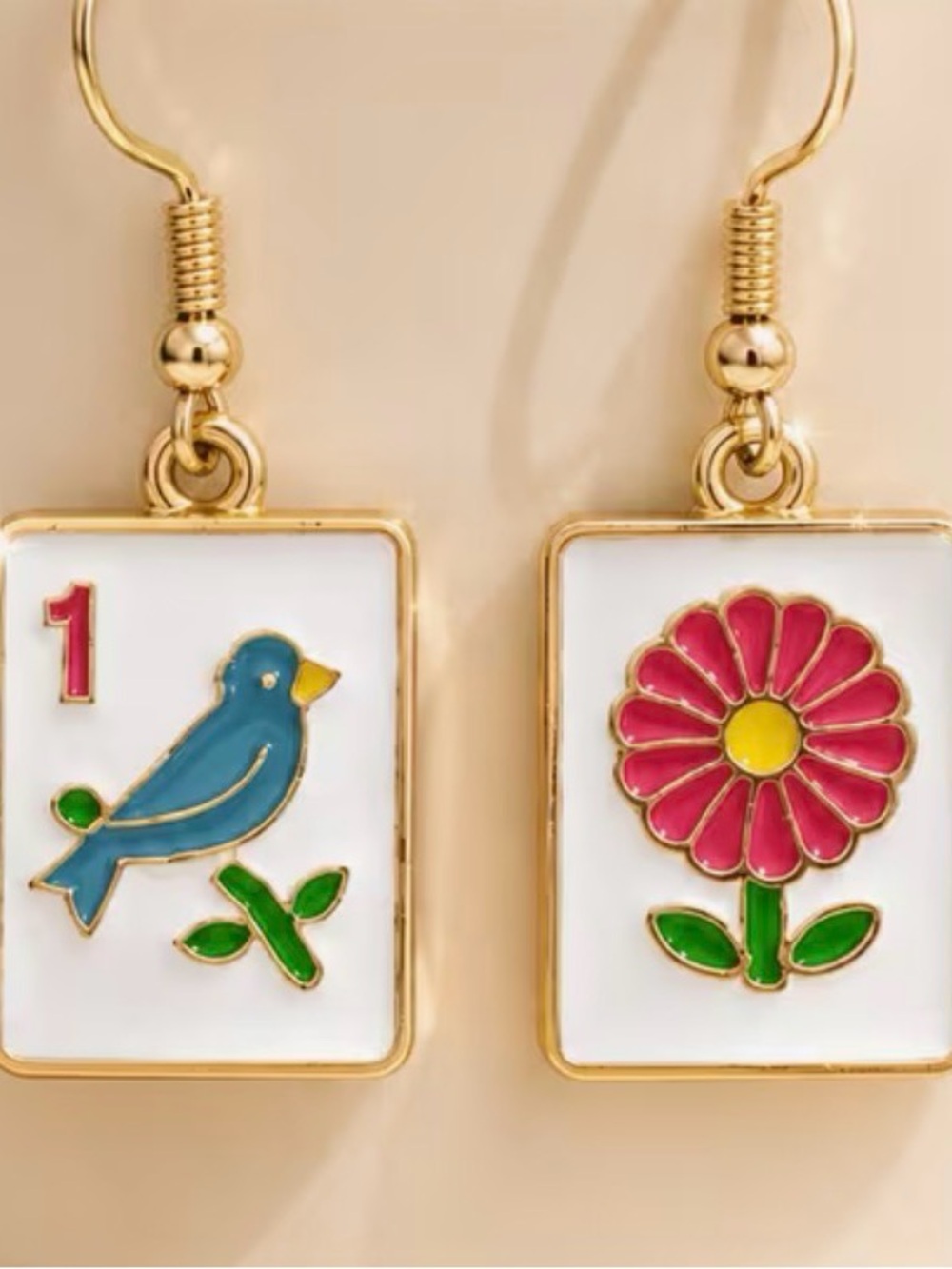 Mahjong Gold-Trim Blue Bird & Pink Flower Enamel Bird Earrings
